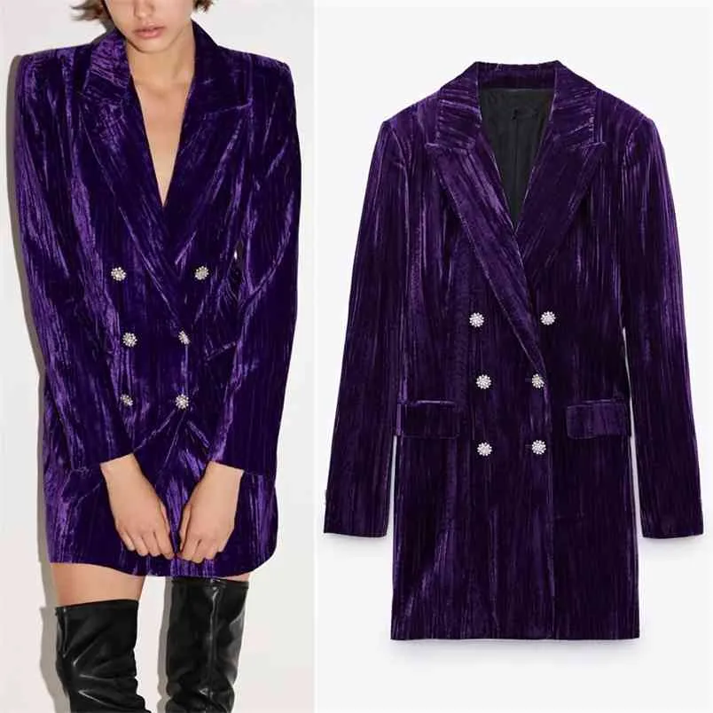 Violet Velours Blazer Robe Femmes Mode Avec Épaulettes À Manches Longues Mini Femme Élégant Bureau Dames es 210519