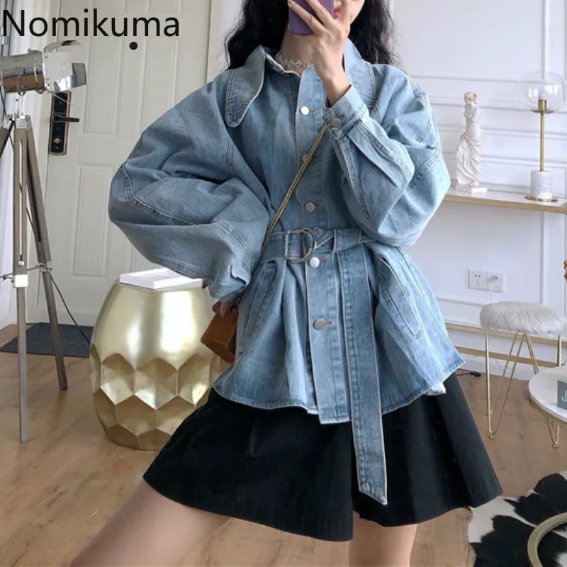 Nomikuma sash lace up cintura magro jaquetas de manga longa girar colarinho único breasted denim casacos estilo coreano Outerwear 3c228 210514