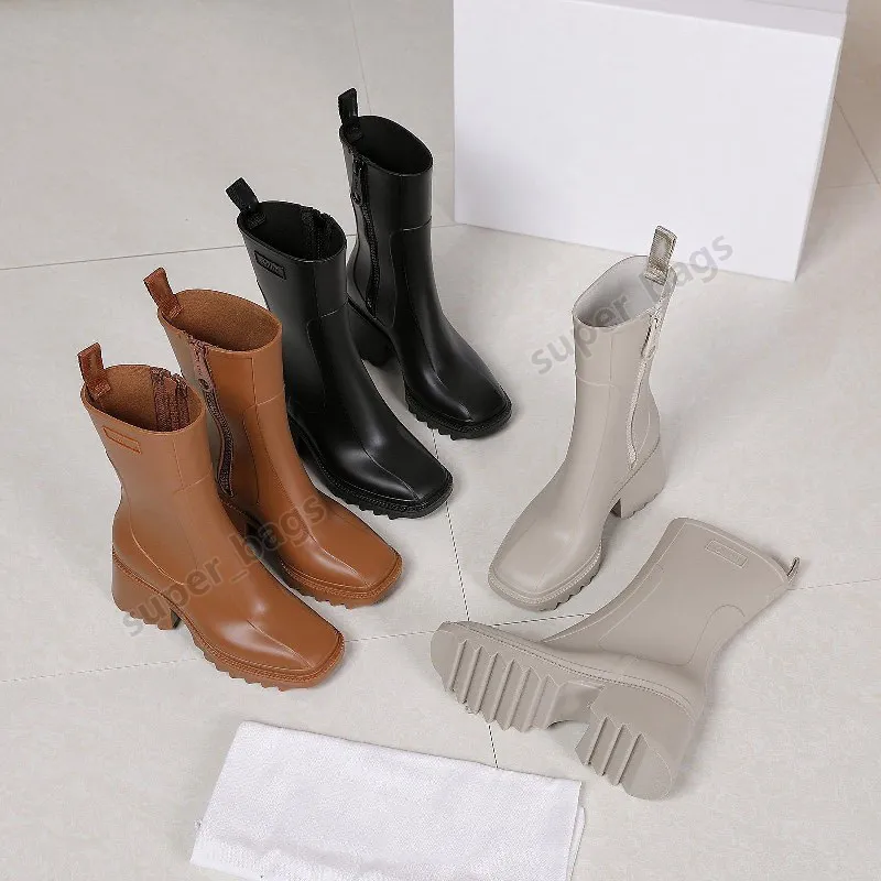 Designer Laarzen Dames Betty Rain Boot Free Shopping Womens Chunky Dress Shoes Merk 100% Lederen Medaille Grof Antislip Winter Schoen Lady Booties 35-40