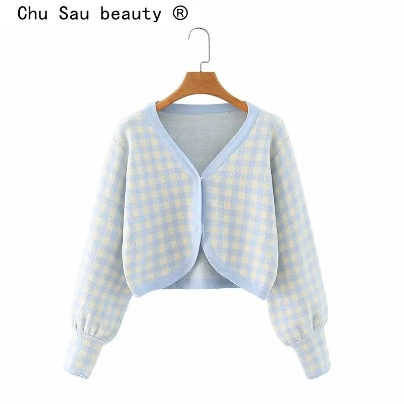 Mode Höst Casual Chic Blue Plaid Stickade Cardigan Toppar Kvinnor Fall Puff Sleeve Cardigans Sweater Kvinna Korta Tröjor 210508