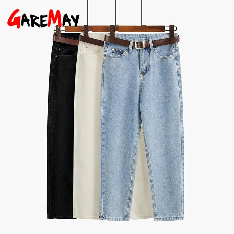 Maman Jeans Taille Haute Vintage Blanc Petit Ami Casual Lâche Femmes Droite Femme Denim Capris Sarouel 210428