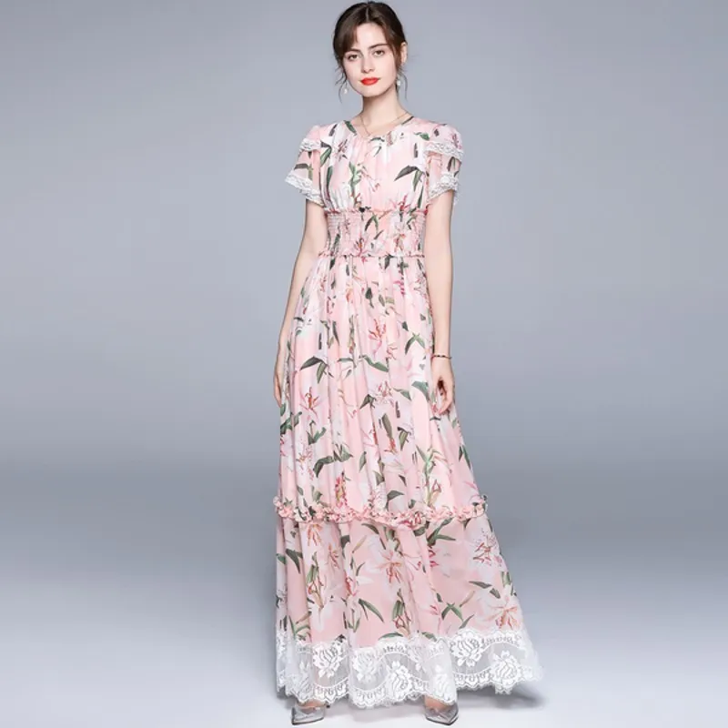 Summer Runway Floral Patchwork Lace Chiffon Pink Maxi Dress Women Short Sleeve Elegant Lilies Printed Beach Boho Sundresss 210514