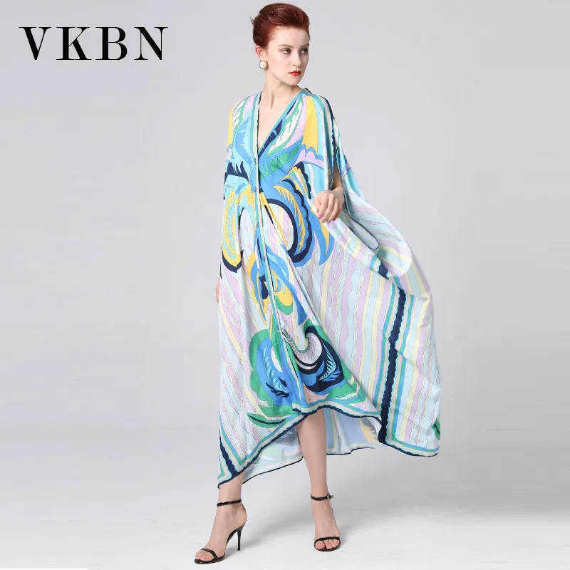 VKBN 여름 드레스 여성 캐주얼 박쥐 소매 느슨한 인쇄 V 넥 큰 우아한 맥시 드레스 Vestidos de Fiesta 210507