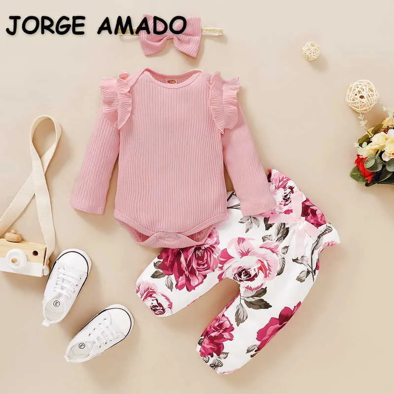 Gros printemps coton bébé fille tenue gaufre à manches longues combinaison + pantalon floral bande de cheveux 3 pièces ensembles E6064 210610