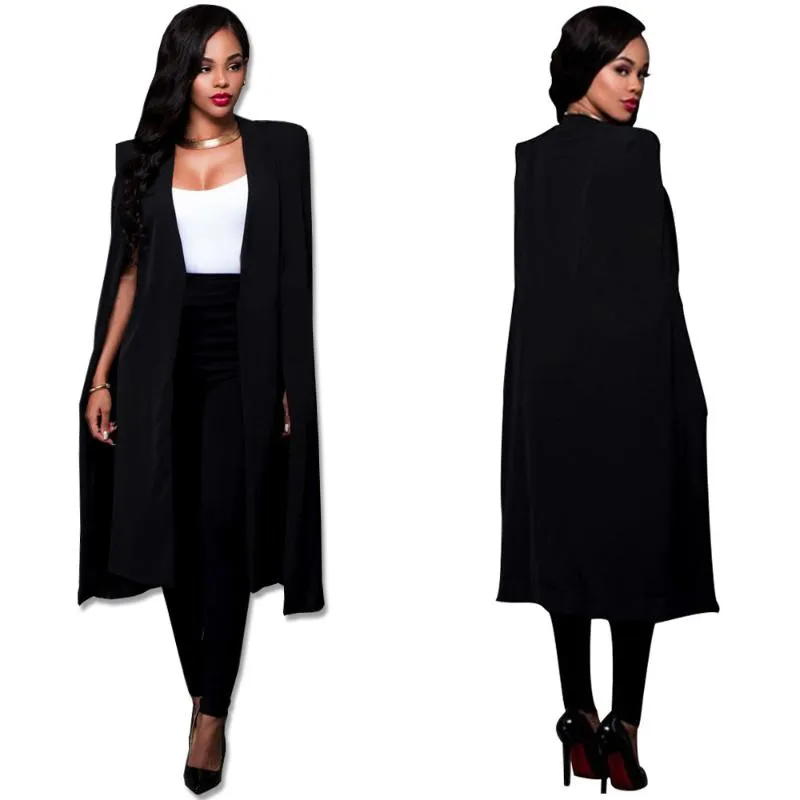 Women Cloak Cape Long Blazer Coat Fashion Black White Personality Notched Neck Lapel Split Jacket Suits Workwear Feminino Women's & Blazers