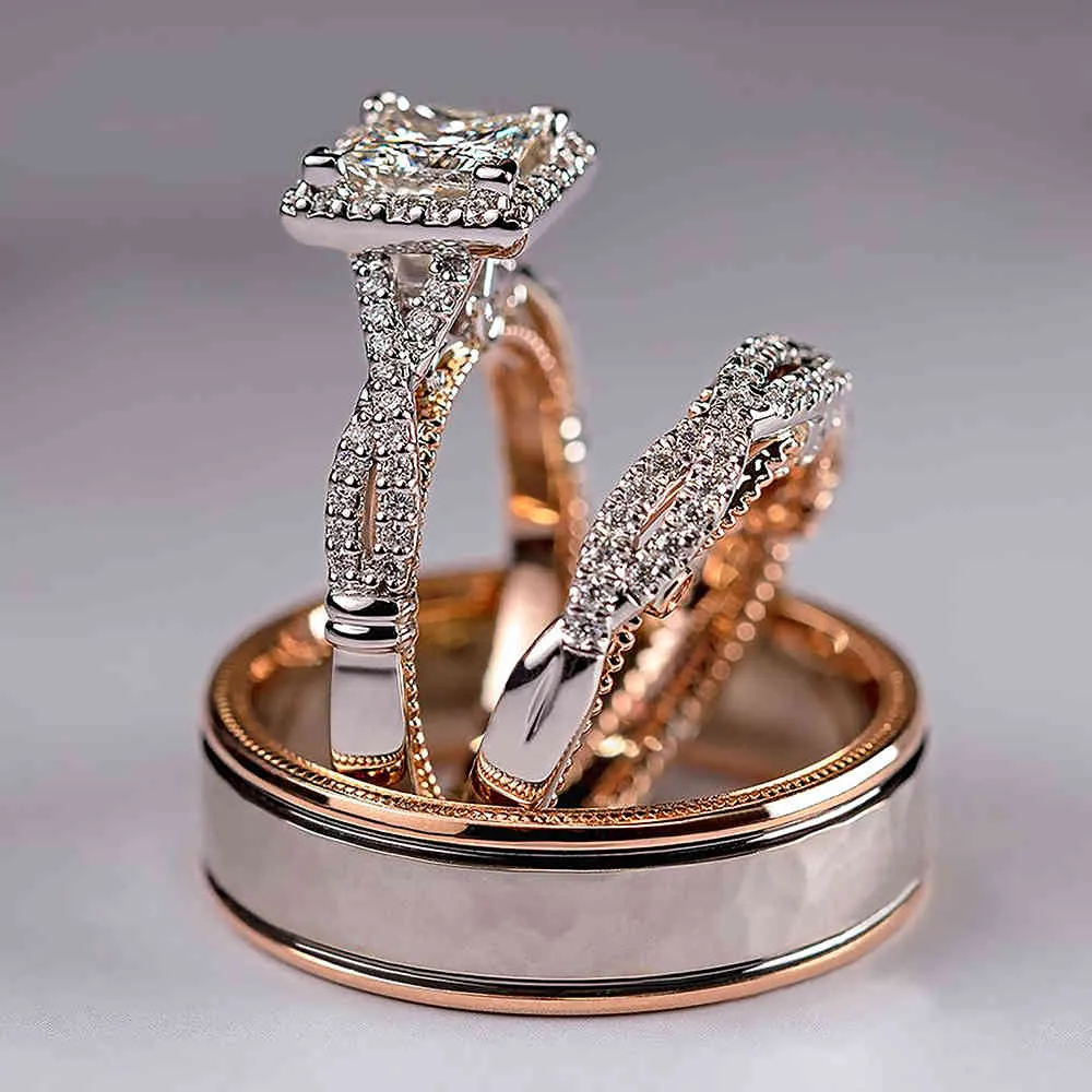 Gorgeous 3Pcs/Set Women Wedding Rings Mosaic CZ Two Tone Romantic Female Engagement Ring Fashion Jewelry