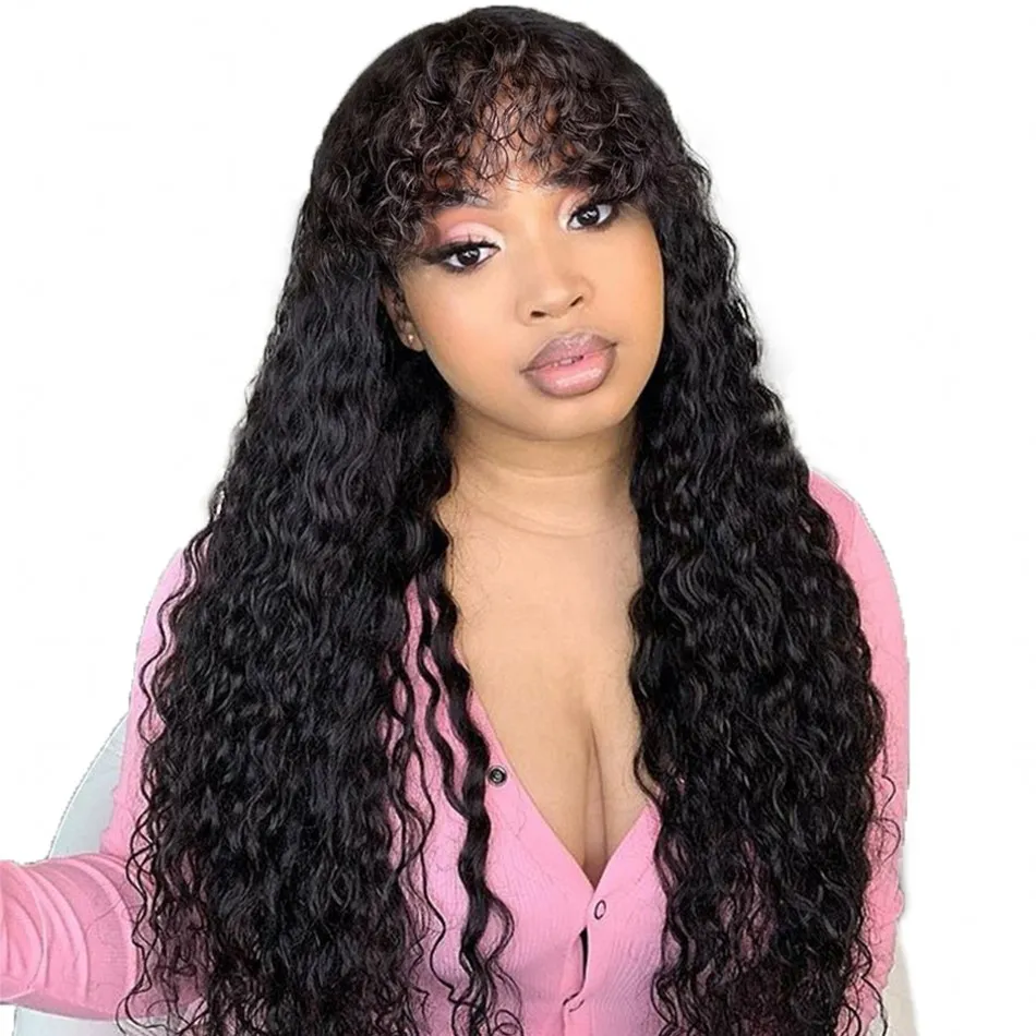 Glueless Water Wave Wig Peruvian Human Hair Wigs With Bangs Machine Made For Black Women 10-24 Inch