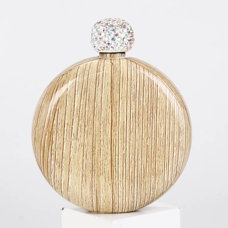 Stainless Steel Diamond Hip Flask Wood Grain Round Portable Hip Flask Ladies Mini Hip Flask With Rhinestone Lid