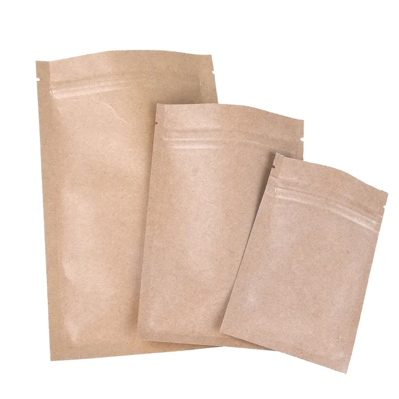Plain Brown Kraft Paper Zip Lock Packaging Seal Coffee Bags 6 Sizes power and Tea Packing Flat Bottom Bag Geocery Storage Pouches