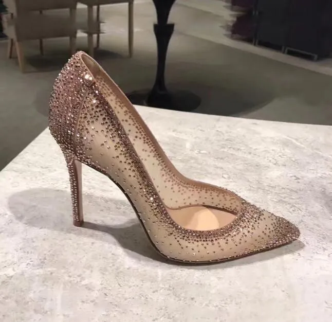 Scarpe eleganti Carole Levy 2021 Décolleté con patchwork di strass in maglia da sposa in cristallo Bling Tacchi glitter argento nero champagne