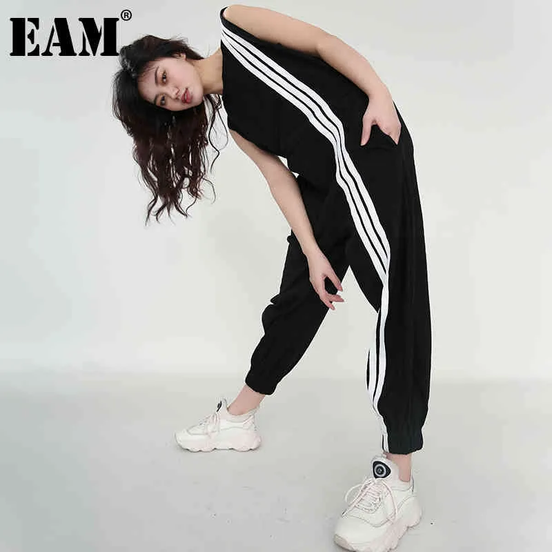 [Eam] Loose Fit Svart Striped Mönster Kvinnor Jumpsuit Hög Midja Pocket Stitch Pants Fashion Spring Summer 1DD516001 21512