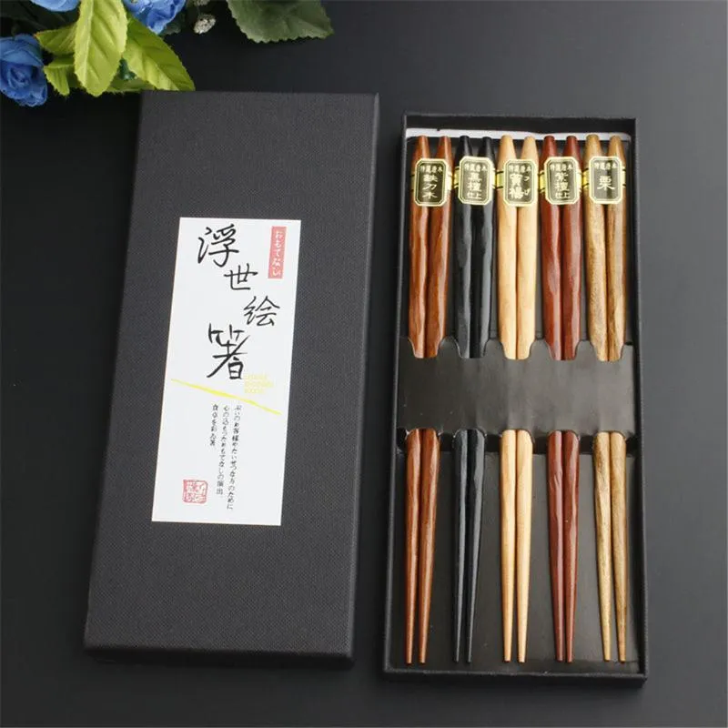 Chopsticks 5 Pairs Japanese Reusable Wooden Handmade Natural Beech Chinese Set Wood Gift Dinnerware #45