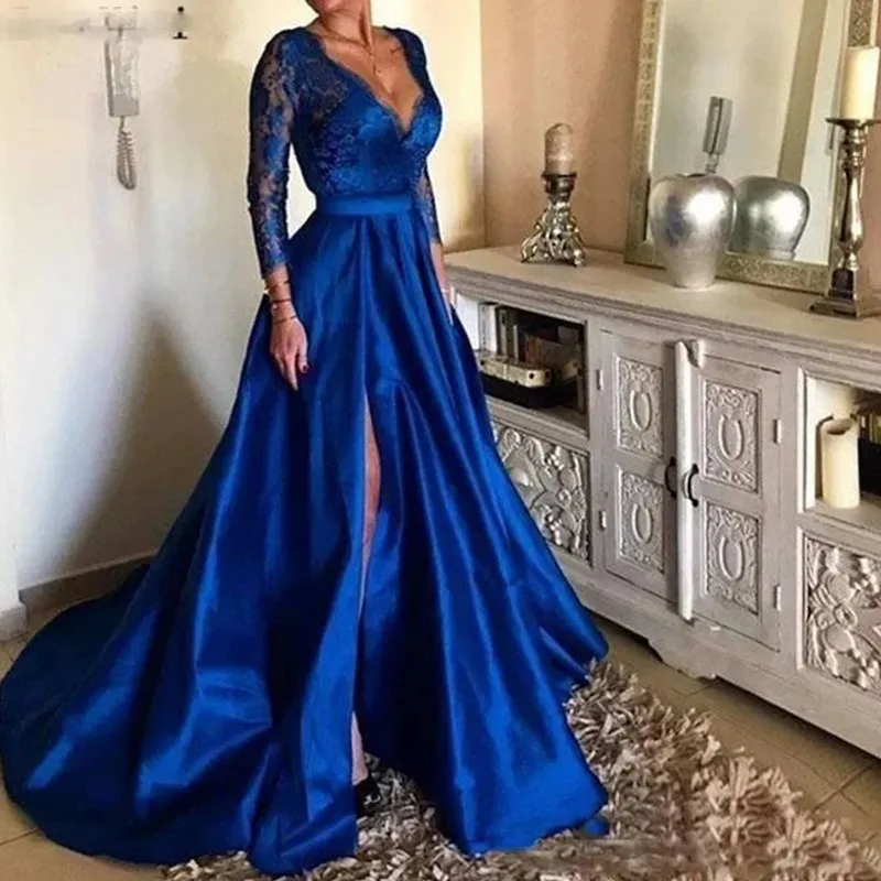 Fantastisk Royal Blue Satin Split A Line Prom Dresses V Neck 3/4 ärmar Lace Applique Plus Size Evening Arabic Party Gowns 328 328