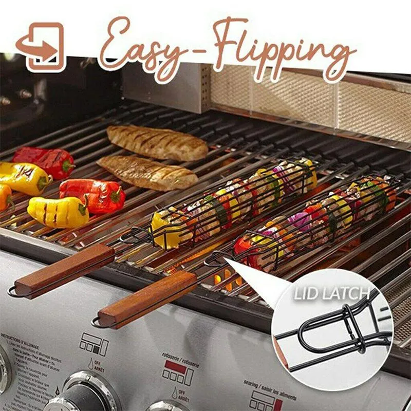 Stainless Steel Barbecue Baskets BBQ Tools with Wooden Handle Quesadilla Grill Basket for Vegetables, Shrimps, Meat and Hot Dog, Foldable Dishwasher