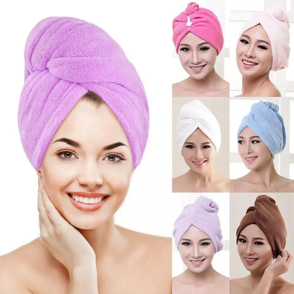 Coral Velvet Dry Hair Bath Towel Microfiber Quick Drying Turban Super Absorbent Women HairCap Wrap with Button WLL538