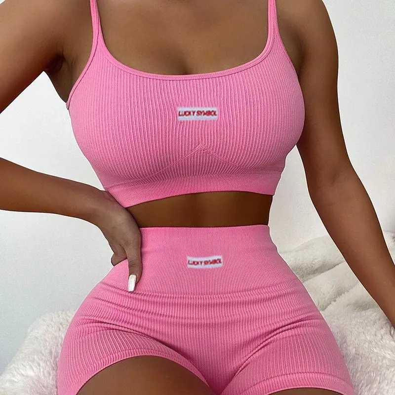 Women's Tracksuits Women Sports Pink Two-piece Running Set Yiciya Summer Female Sleeveless Straps Crop Tops And High Waist Shorts Tracksuit