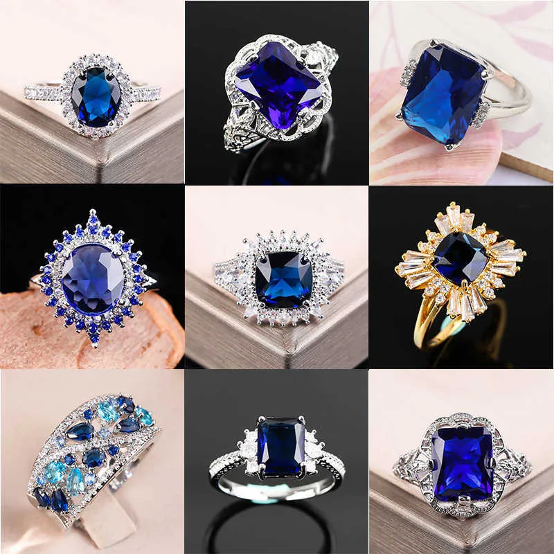 Bague en pierre bleue pour femmes, bijoux à breloques, Cz, promesse de mariage, fiançailles, accessoires pour dames, cadeaux Z4k146