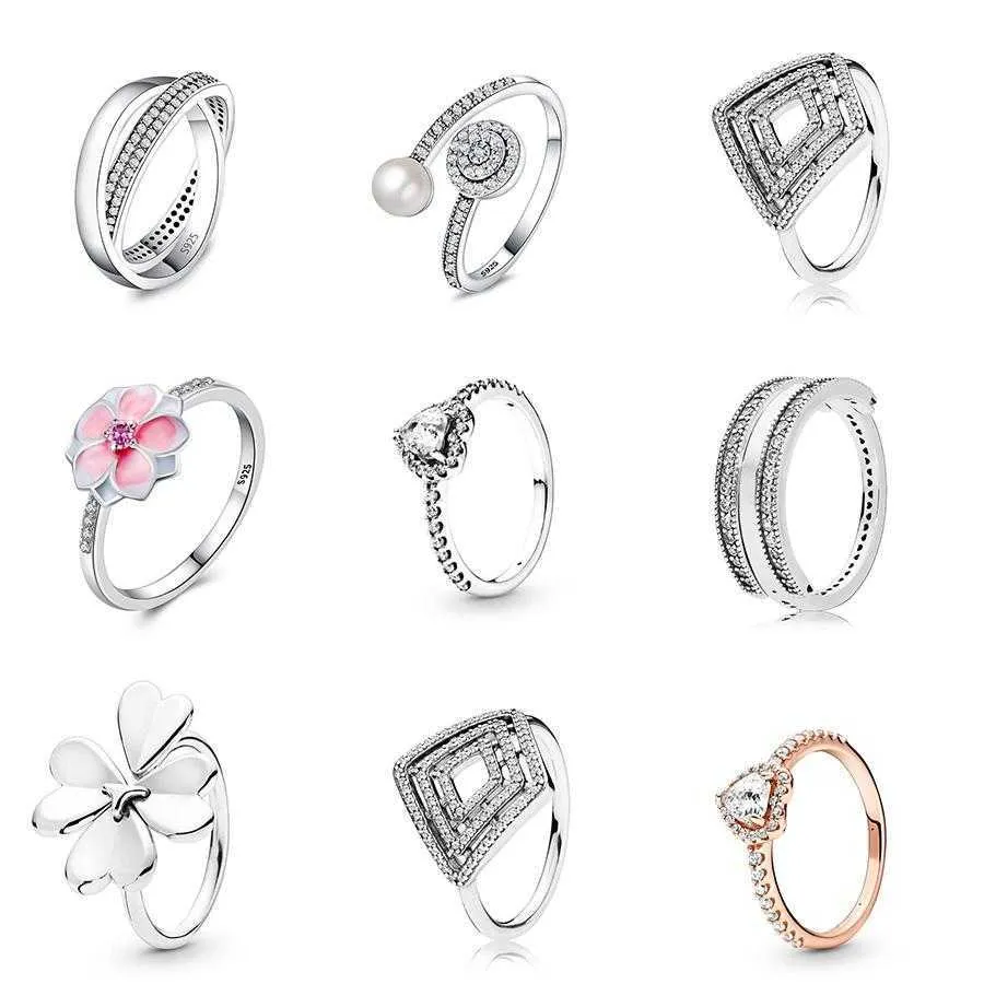 Mulheres 925 Sterling prata anéis de cristal flor rosa com anel de dedo de pérola rosa coração de ouro para jóias de festa de casamento