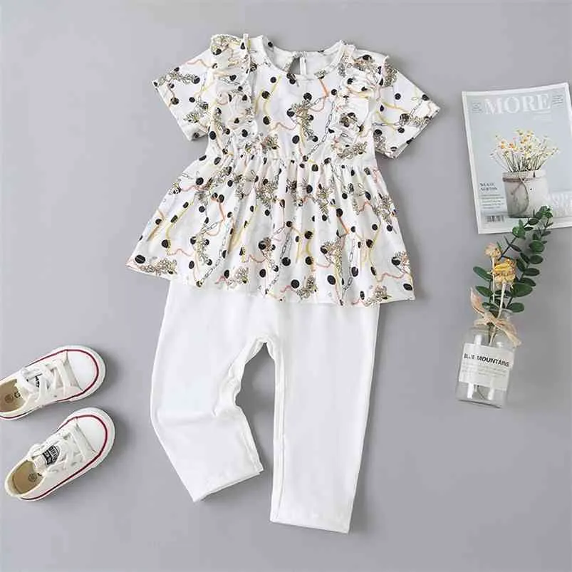 Sommar Barn sätter Casual Short Sleeve O Neck Print Dress Vit Solid Byxor Söt 2PCS Tjejer Pojkar Kläder Sätta 0-2T 210629