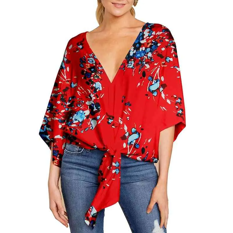 Summer Elegant Office Blouse Women Clothes V-neck 3/4 Sleeve Floral Print Streetwear Shirts Womens And Blouses Plus Size Tops 210608