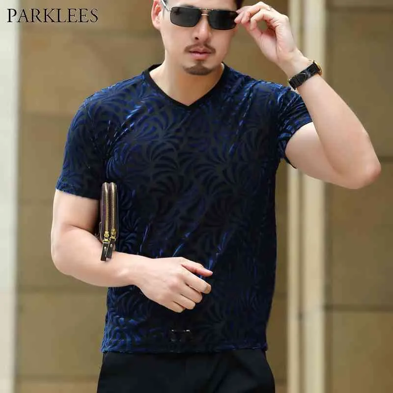 Sexy Velvet Velour Transparent T-shirt Men Fashion Slim Fit V neck Tshirt Homme Short Sleeve See Through Tops Tees Xxxl 210522