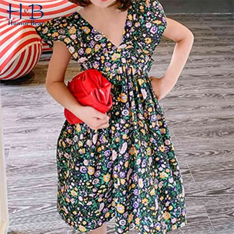 Girls Dress Summer Sleeveless V-neck Floral Printed Holiday Style Cute Toddler Kids Clothes For 3-7 Years 210611
