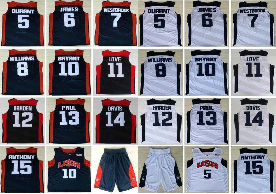 Retro Basketball 2012 Team USA Jersey Kevin 5 Durant 12 Harden 10 Bryant Russell 7 Westbrook Chris 13 Paul Deron 8 Williams Anthony
