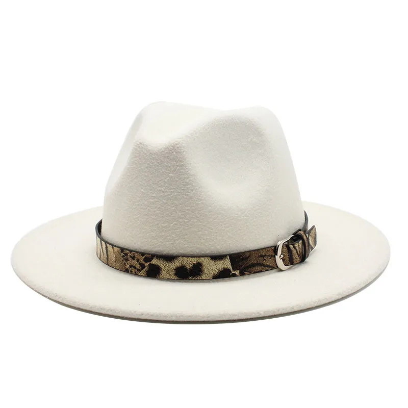 Leopardbälte Fedora Hat Wide Brima Cap Män Kvinnor Jazz Panama Caps Formella Hattar Ladies Kvinna Tjejer Trilby Chapeau Höst Vinter Mode Tillbehör 19Kobb