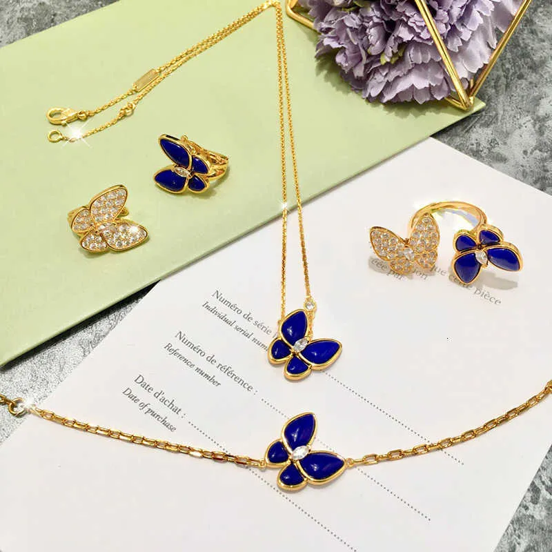 Brand Pure 925 серебряные ювелирные изделия для женщин Blue Lapis Butterfly Свадебные украшения набор серьги с серьгами -колени браслеты Rrings Rrings