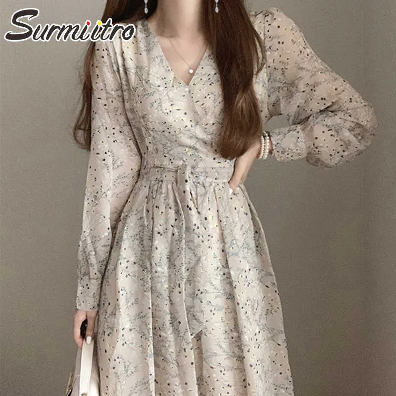 Surmitro Long Dress Women Women Spring Summer V Neck Elegante in stile coreano Ladies Abito da festa floreale a manica lunga femmina 210712