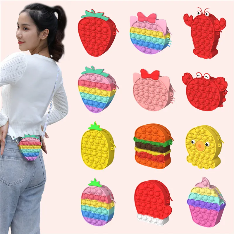 Fidget Stress Reliver Single Shoulder Umhängetasche Toy Push Bubble Strawberry Pineapple Messenger Phone Bags