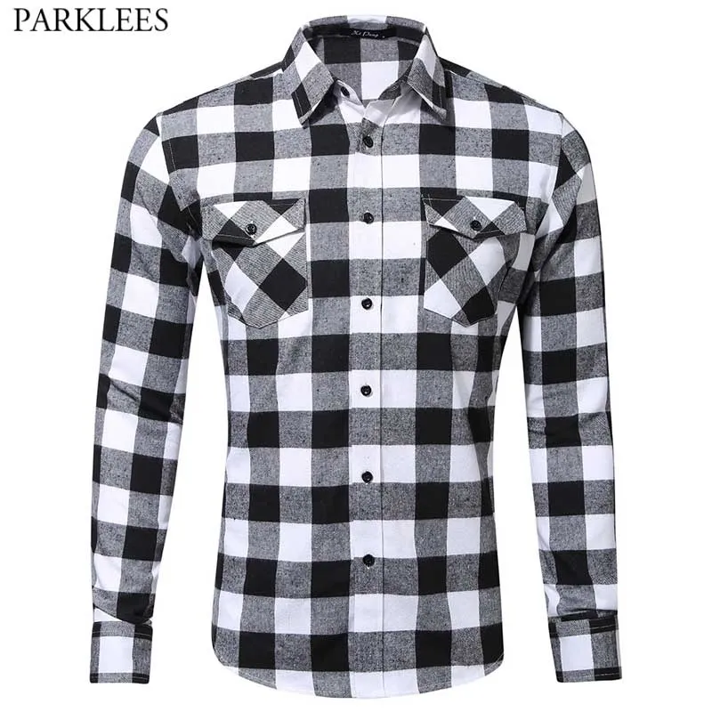 White Black Flannel Plaid Shirt Men Double Pocket Long Sleeve Checked Shirts Mens Casual Outfit for Camp Hanging Out or Work 2XL 210522