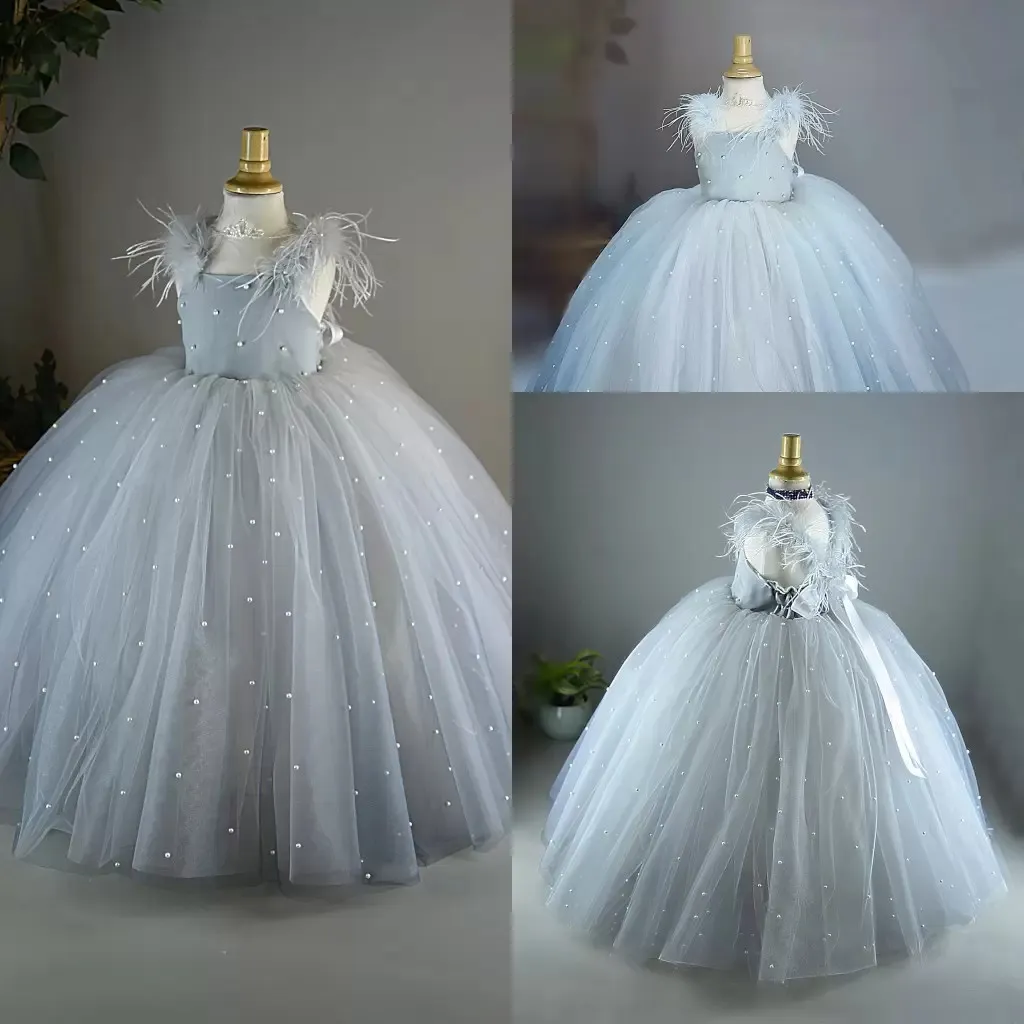 Pärlor pärlor boll klänning blomma tjejer klänningar sexig päls torg puffy tulle ruffles barn formella klänningar födelsedagsfest slitage för bröllop