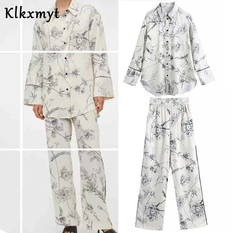KLKXMYT 봄 2 조각 세트 여성 긴 소매 패션 프린트 셔츠 블라우스 및 바지 캐주얼 바지 여성 세트 210527