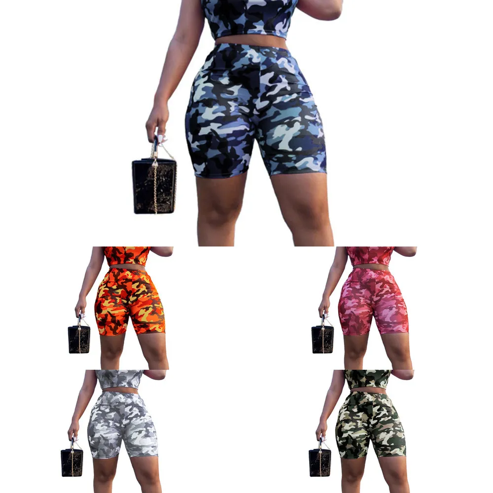 Anjamanor Camouflage Print Casual Two Piece Set Crop Top och Byxor Sommar Korta Tracksuit Kvinnor Sexig Bodycon Romper D74-BI19 x0428