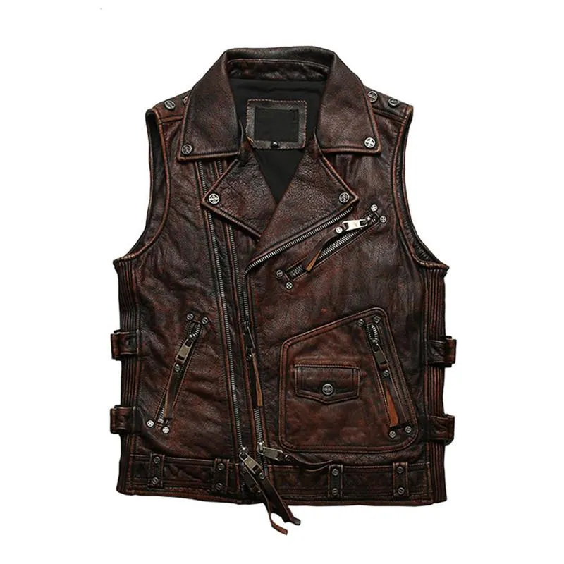 Gilets pour hommes 2021 Vintage marron moto Style en cuir véritable gilet hommes grande taille 5XL véritable peau de vache naturelle printemps Slim Fit manteau court