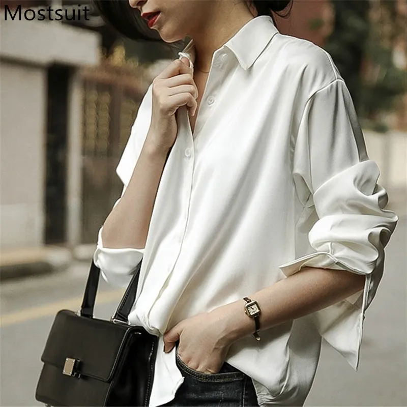Cetim moda casual mulheres blusas camisas de manga comprida giro colarinho coreano sólido solitário tops outono senhoras blusas 210518