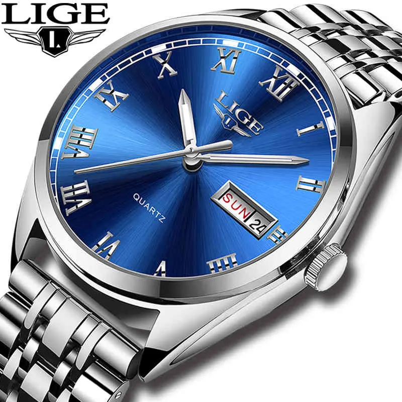 Lige Watches Men Waterproof Stainless Steel Luxury Analogue Wrist Watches Week Display Date Sports Quartz Watch Men Montre Homme Q0524