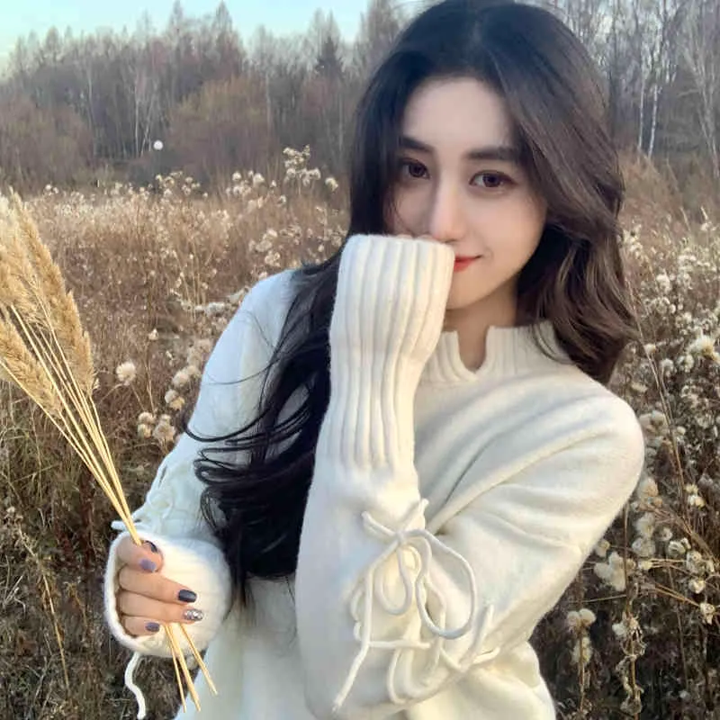 2Colors Herbst und Winter gestrickte Pullover Damen koreanischen Stil schnüren warme Pullover Pullover (C8181) 210508