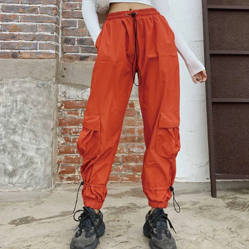 春のヴィンテージの緩い堅い女性の貨物パンツ弾性の高いハイウエスト巾着ハリムビッグポケットカジュアルズボン210531