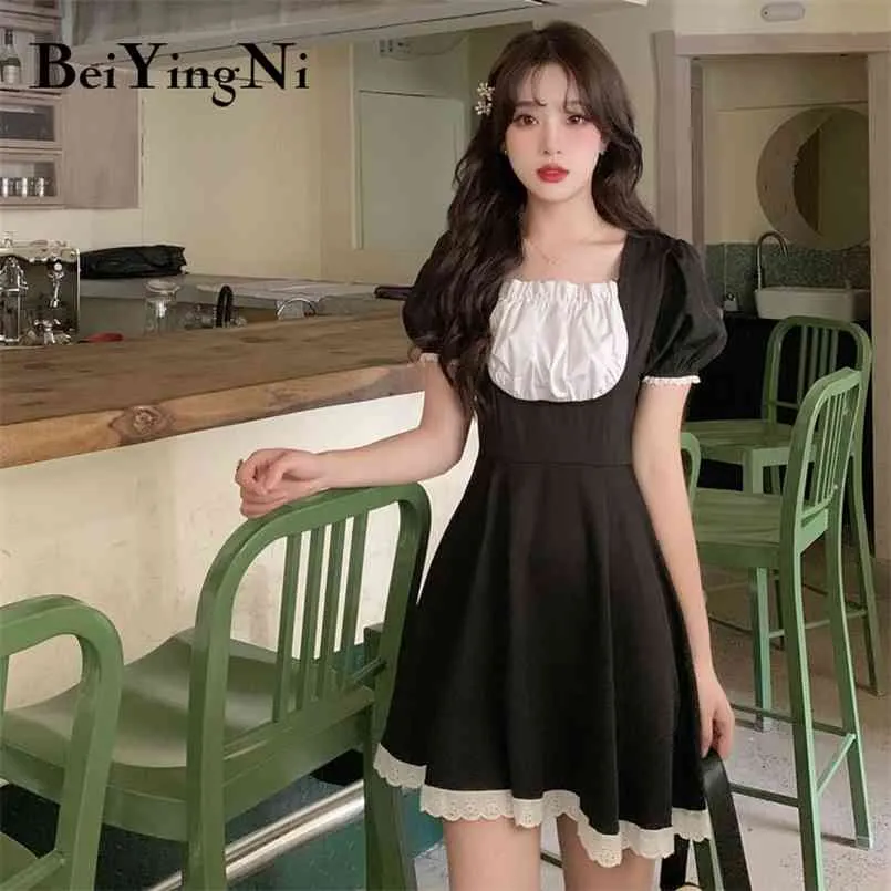 Kawaii robes femmes Patchwork Vintage mince a-ligne noir à manches courtes Mini robe mignon été grande taille Vestidos 210506