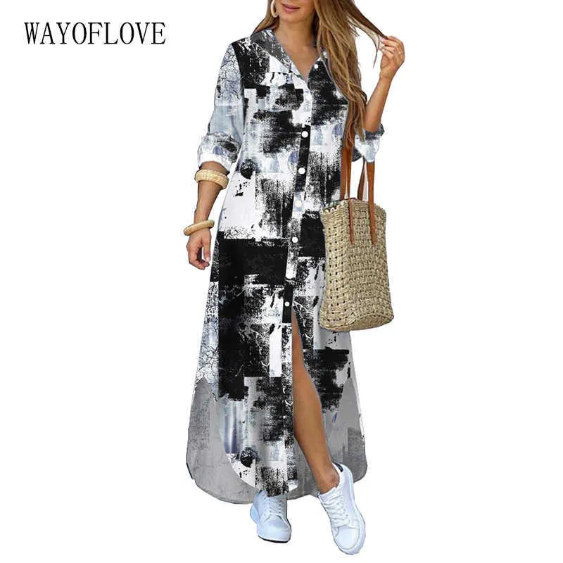 Wayoflove Impresión geométrica Vestido largo Mujeres Elegante Casual Robe Vestidos de manga larga Mujer Plus Tamaño Bolsillo Botón Camisa Vestido 210602