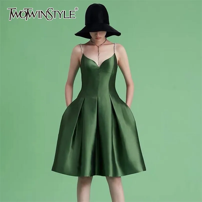 女性のための緑のパッチワークダイヤモンドスリングドレスVネックノースリーブハイウエストミディセクシーなドレス女性夏210520