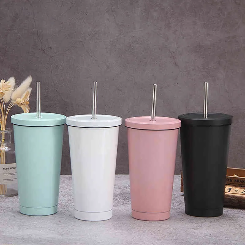 Stainless Steel Double Insulation Cup 500ML Vacuum Straw Cup With Lid Beer  Mugs For Tea Cup Metal Cup Drink Straw Travel Cups