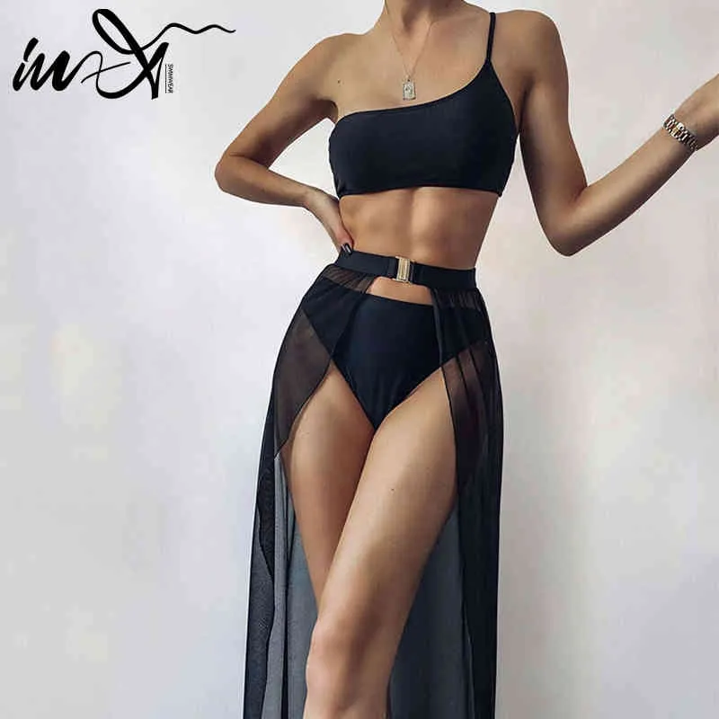 In-X Bandeau-Badeanzug für Damen, solides 3-teiliges Set, One-Shoulder-Bademode, weiblicher Rock, Gürtel, Bikini 2021, Sport-Badeanzug, Biquini X0522