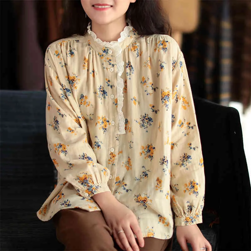 Johnature Print Flower O-neck Casual Loose Blouses Vintage Winter Women Tops Cotton Lace Mori Girls Shirts 210521