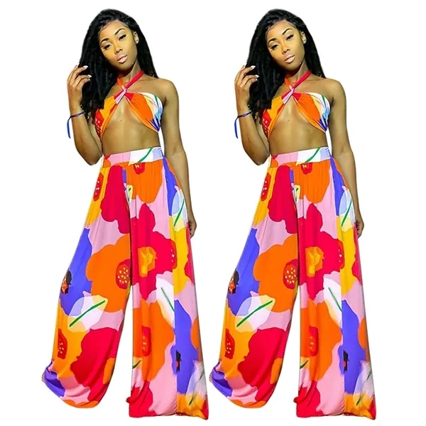 sexy clubwear two piece set women strapltops and wide leg pants print outfits for women summer beach style 2 piece sets H340 X0709 X0721