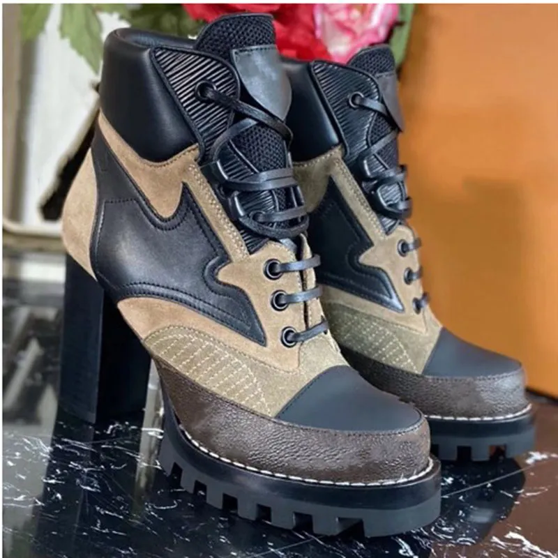 Роскошные ювелирные изделия дизайн кожаный гладиатор сексуальная платформа Boots Boots короткие и толстые ноги высокие каблуки зимние сапоги мода женщин ботинки KJM0001