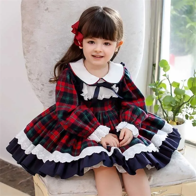 Baby Girl Spanish Dress for Toddler Girls Vintage Plaid Turkiet Klänningar Barn Födelsedag Baptism Party Outfit Vestidos 211231