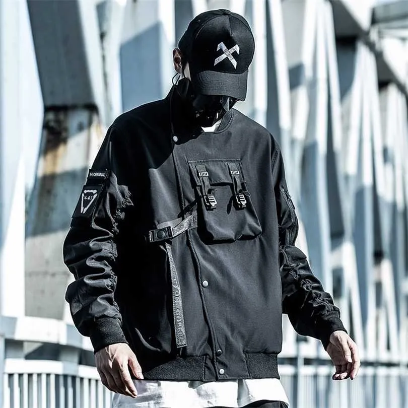 Streetwear Techwear Bombowiec Kurtka Mężczyźni Czarna Moda 211126